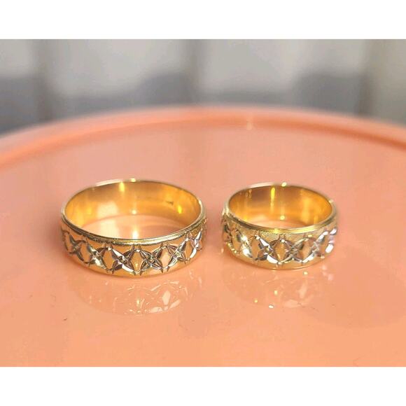 ArtCarved 14K Two Tone Gold Etched Wedding Band Ring Set Mens 11.5 Womens 6 - Picture 1 of 6